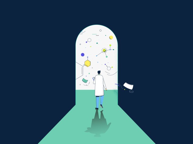 Ilustración con un doctor entrando por un arco