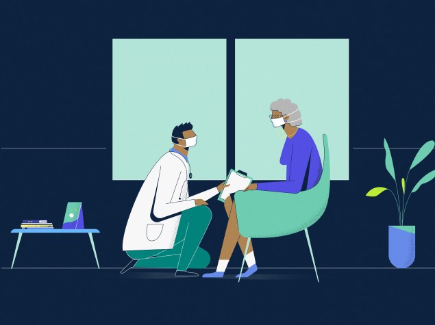 IIustración de un doctor atendiendo a un paciente con mascarilla.