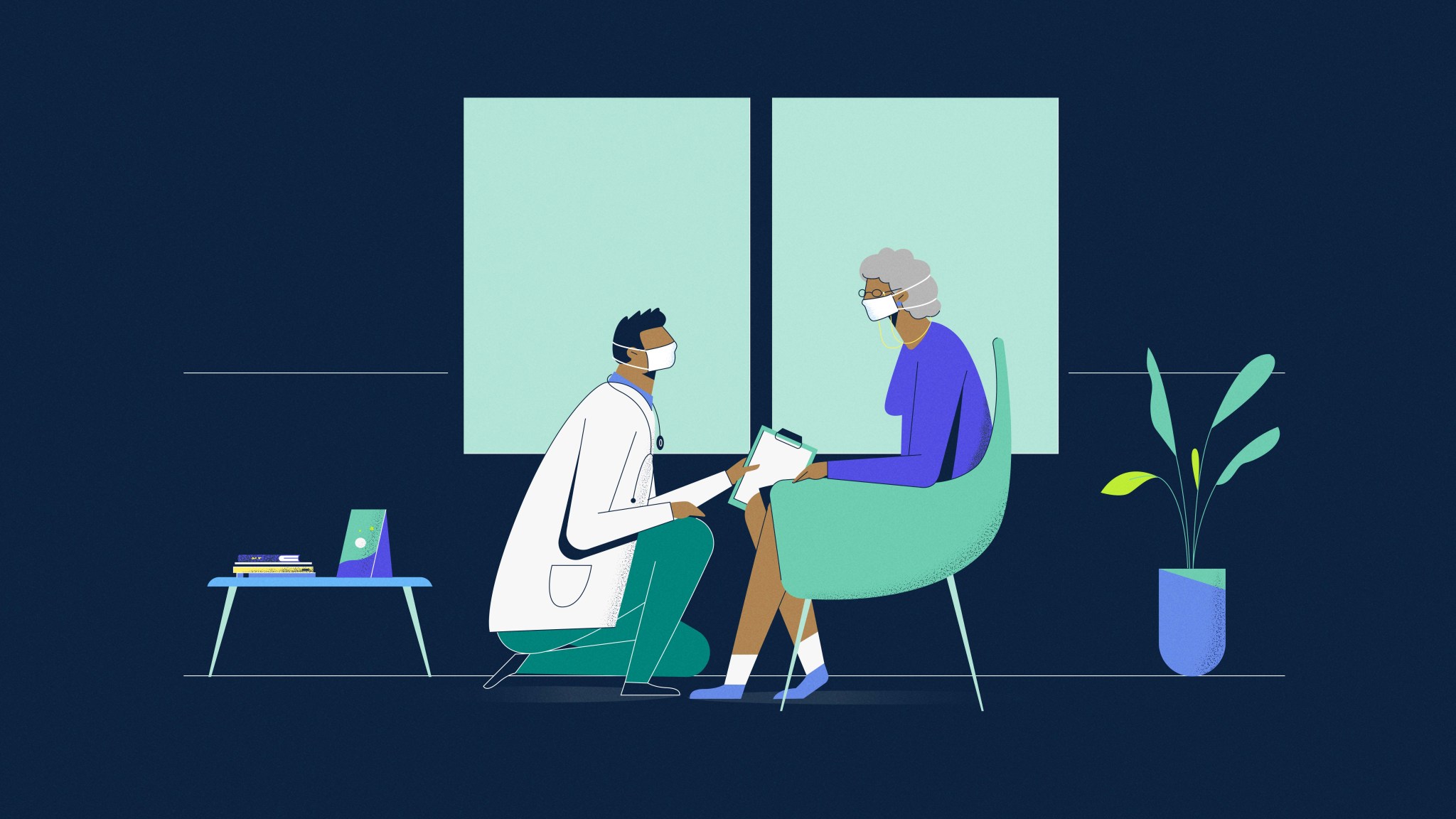 IIustración de un doctor atendiendo a un paciente con mascarilla.