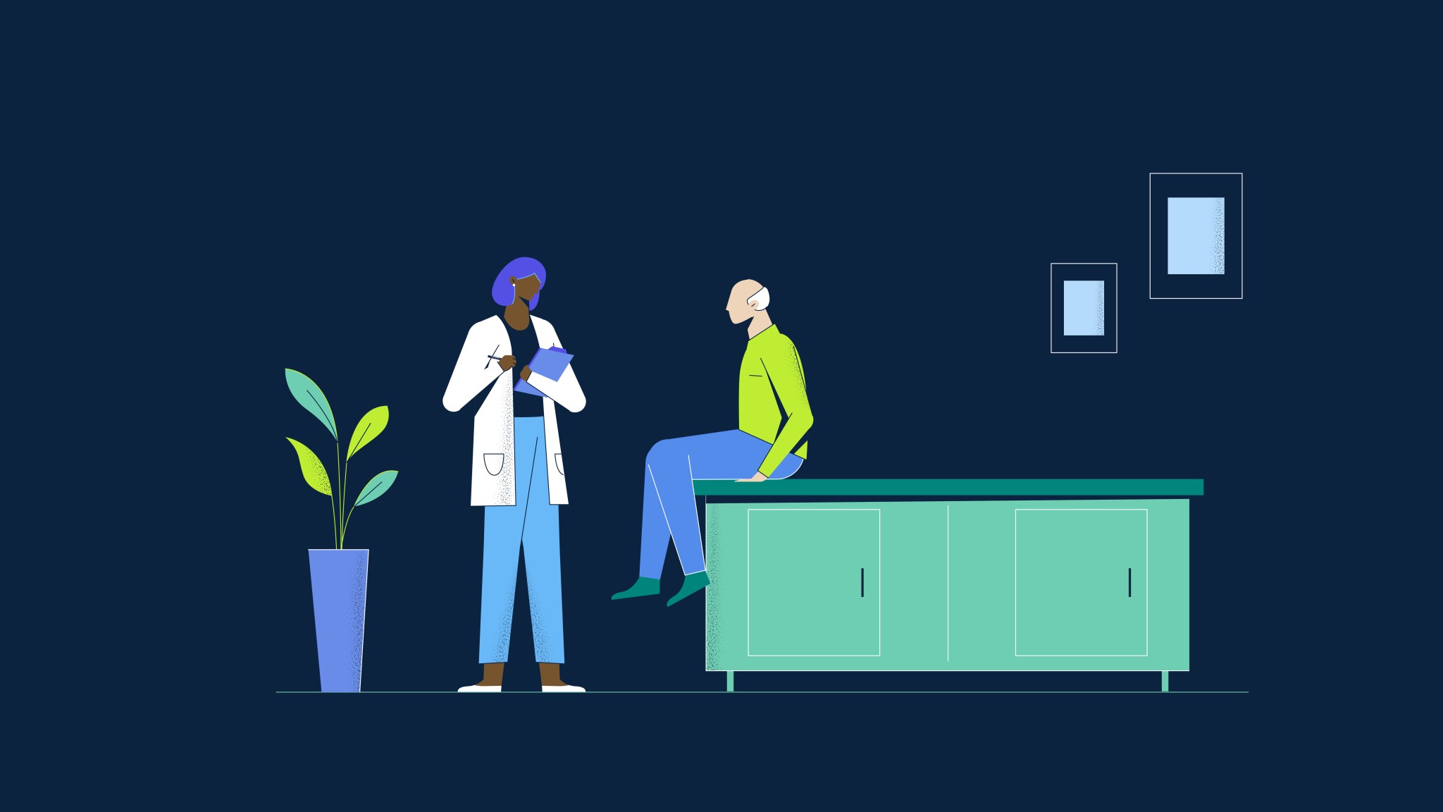 Ilustración de una Doctora atendiendo a una paciente.