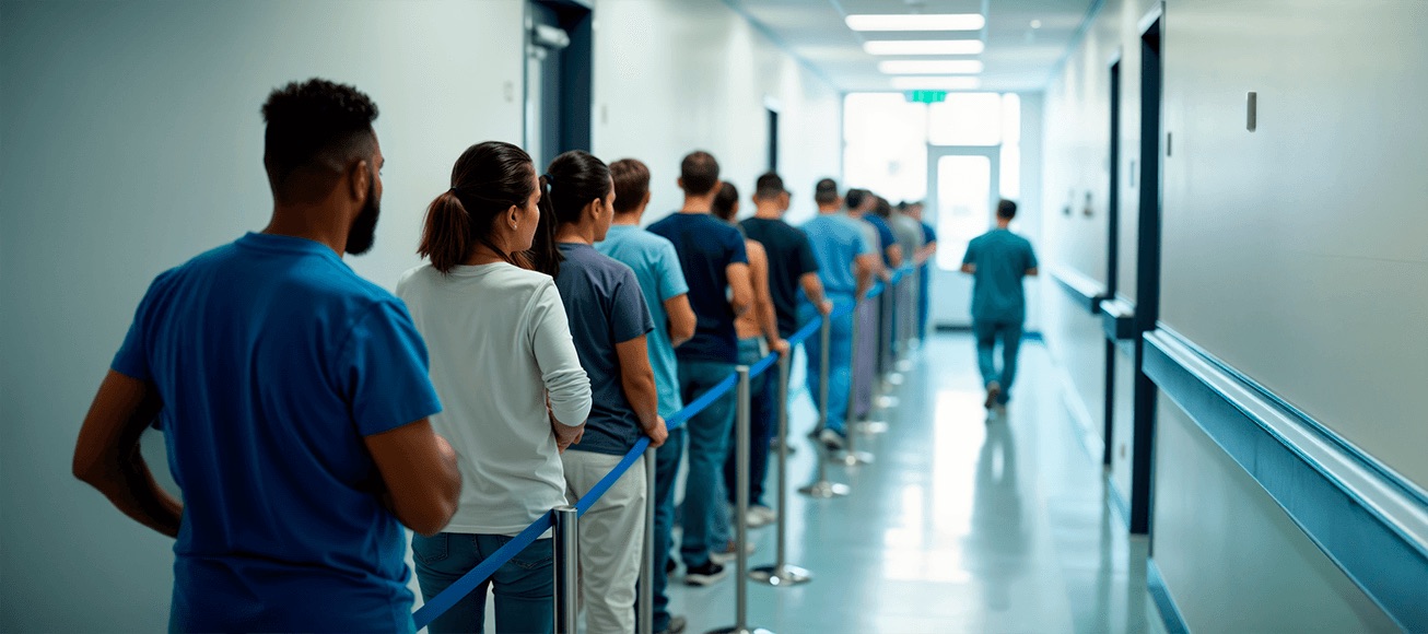 Personas hacen fila en un pasillo de hospital.