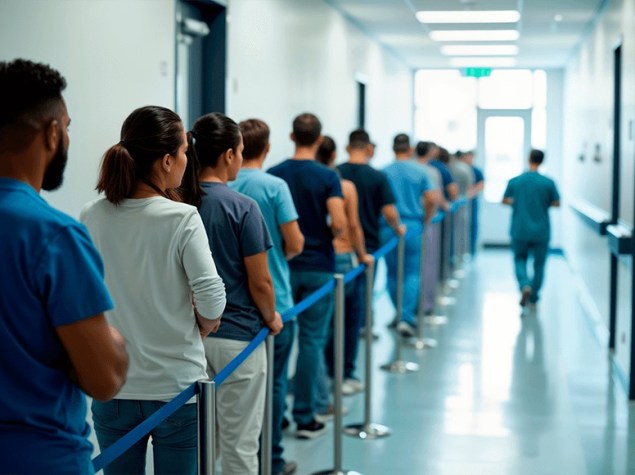 Personas hacen fila en un pasillo de hospital.
