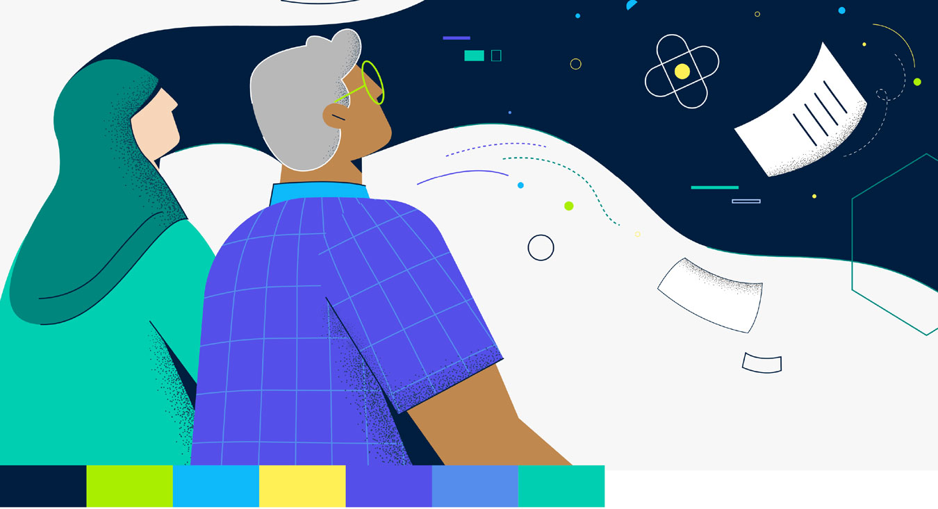 Una ilustración que muestra a una mujer y un hombre, mirando hacia el horizonte donde flotan documentos y formas abstractas en un fondo oscuro.