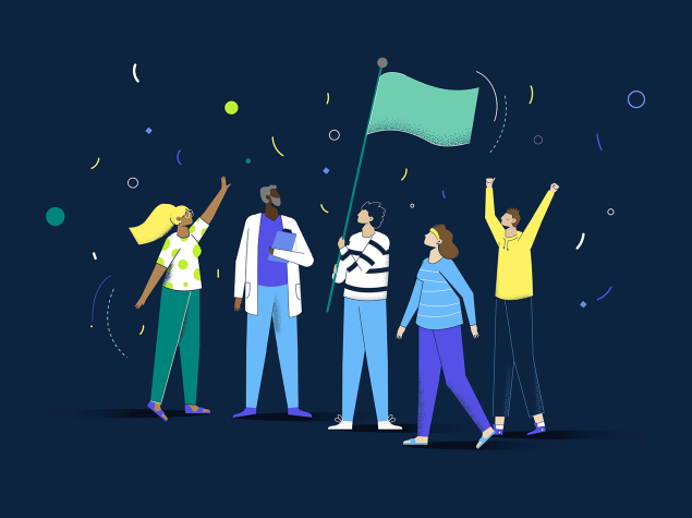 Ilustración de cinco personas celebrando con confeti; una sostiene bandera y otra viste bata blanca.