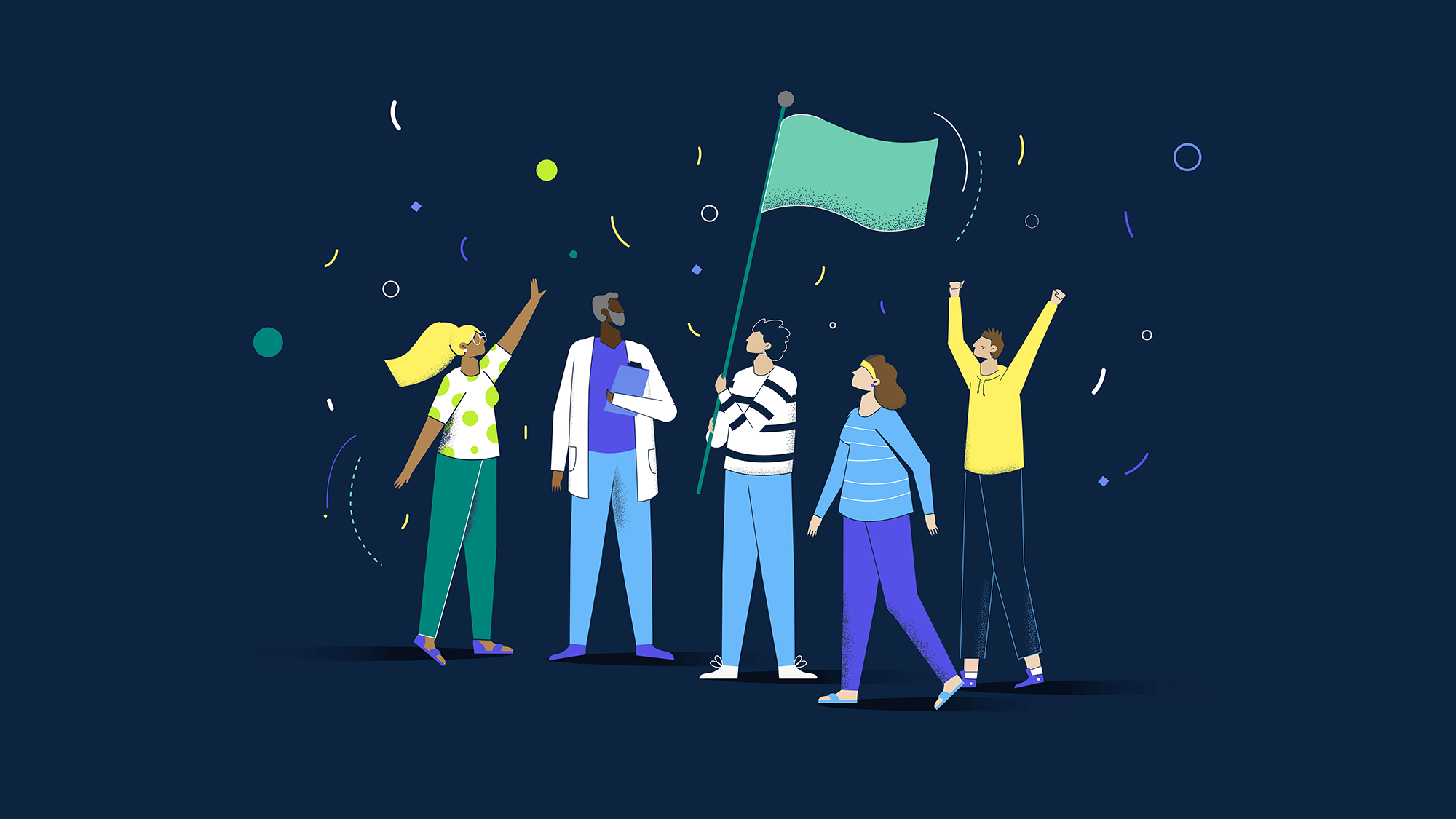 Ilustración de cinco personas celebrando con confeti; una sostiene bandera y otra viste bata blanca.