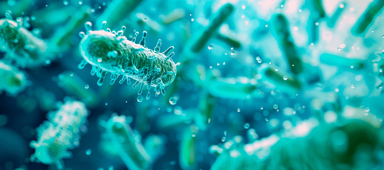 Representación microscópica de bacterias de la microbiota intestinal en entorno acuoso turquesa.