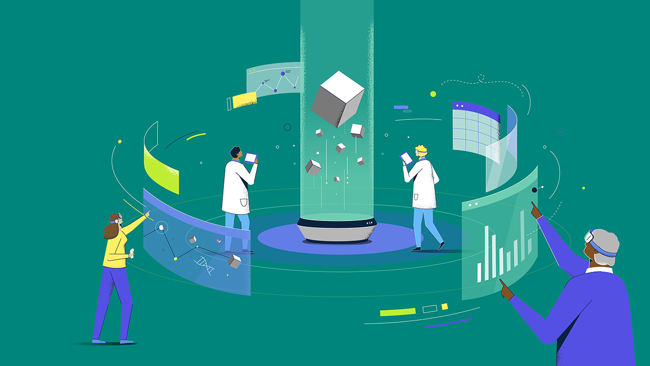 Ilustración de investigadores usando paneles y tablets con IA para analizar literatura científica y datos