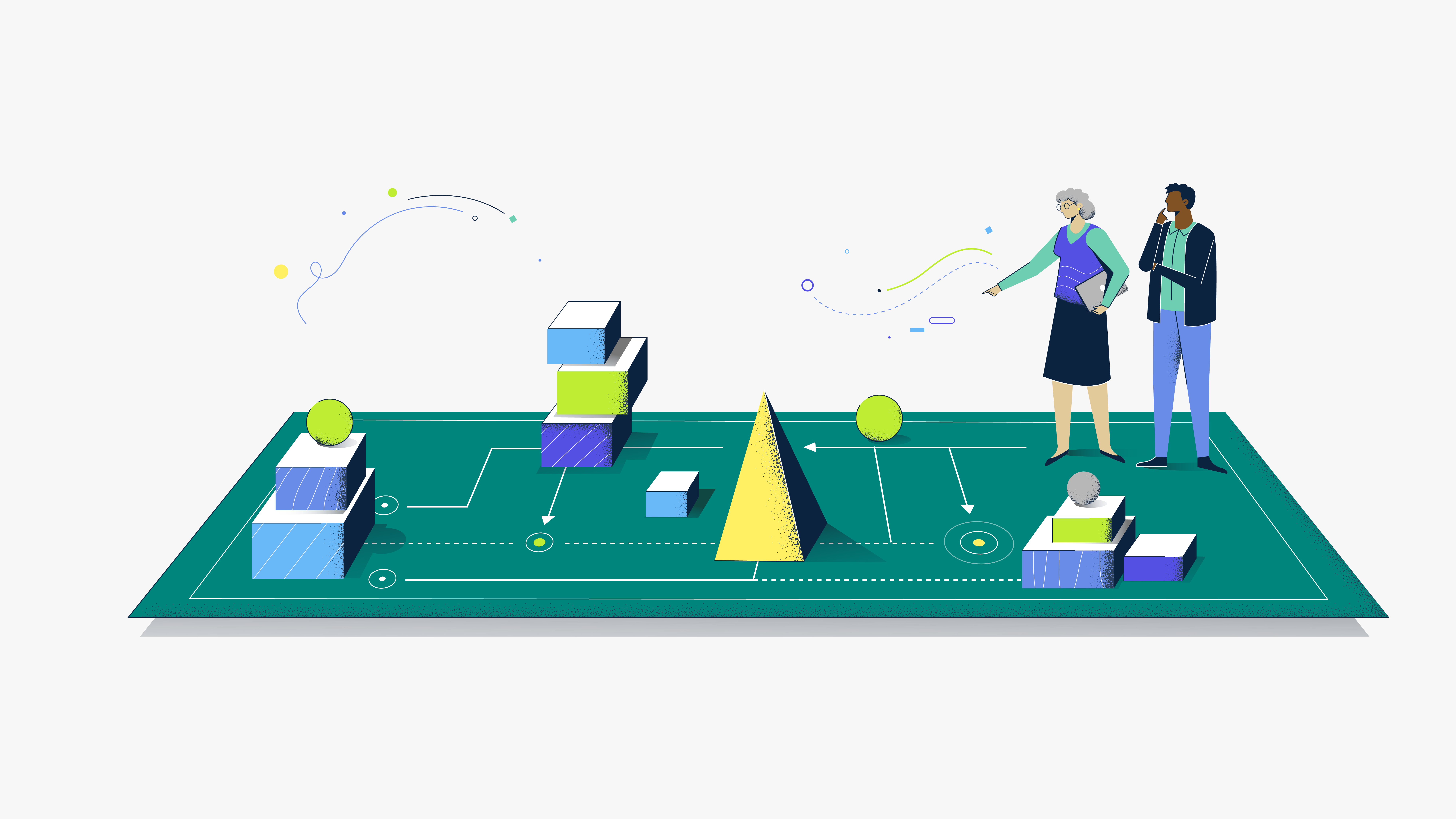 Ilustración de dos personas analizando panel con flechas y figuras sobre desigualdades en trasplantes globales.
