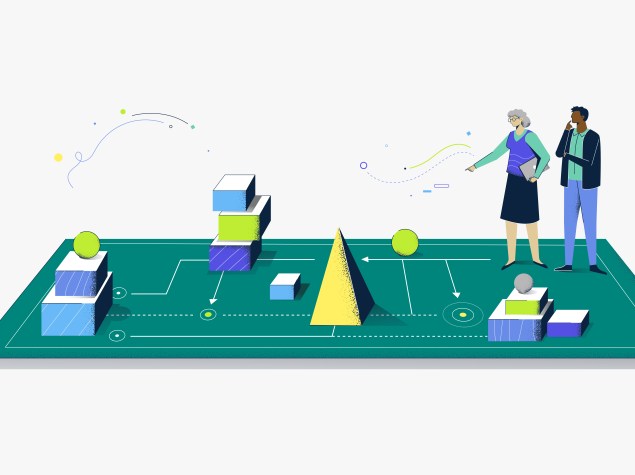 Ilustración con dos sanitarios sobre una alfombra de formas geométricas.