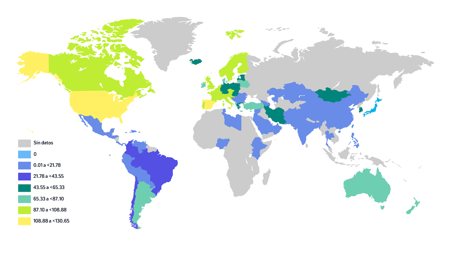 Mapa mundial 2022 de tasas de trasplantes por millon, evidencia desigualdades entre paises.