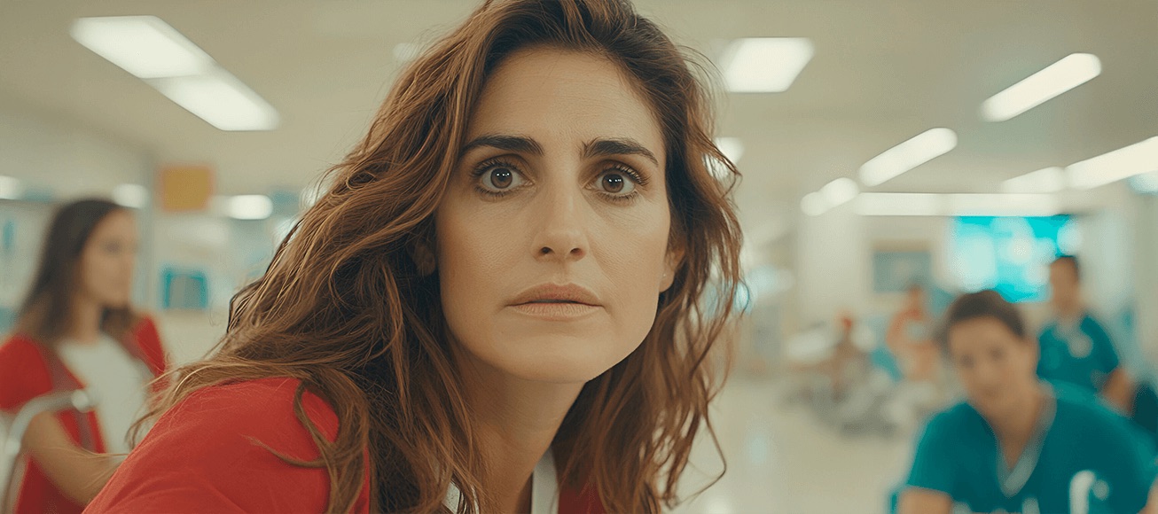 Primer plano de profesional sanitaria atenta en pasillo de hospital, personal con uniformes azules al fondo.