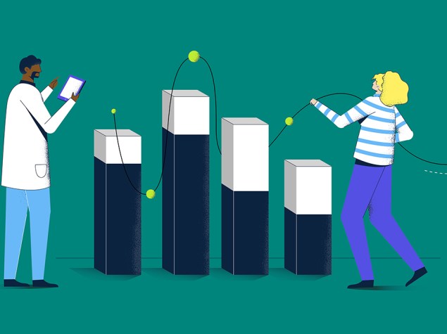 Ilustración de dos personas con unos gráficos de columnas.