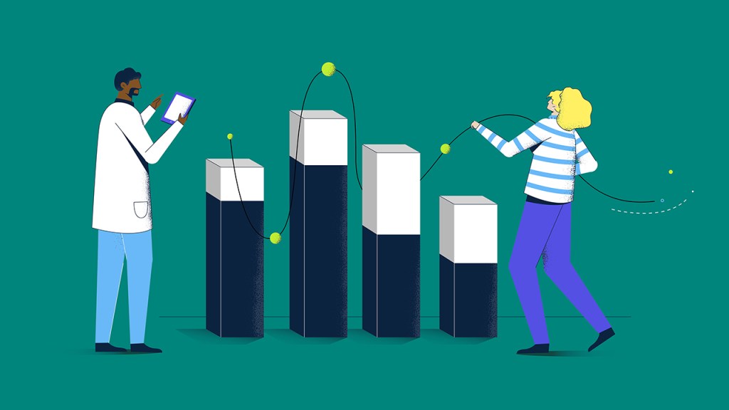 Ilustración de dos personas con unos gráficos de columnas.