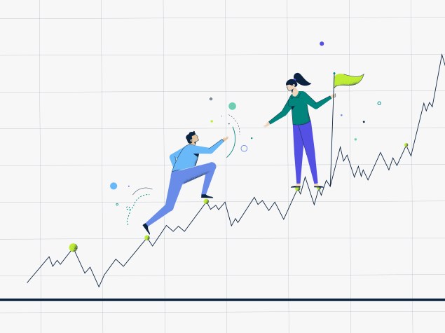 Dos personas subiendo una gráfica como si fuera una montaña.