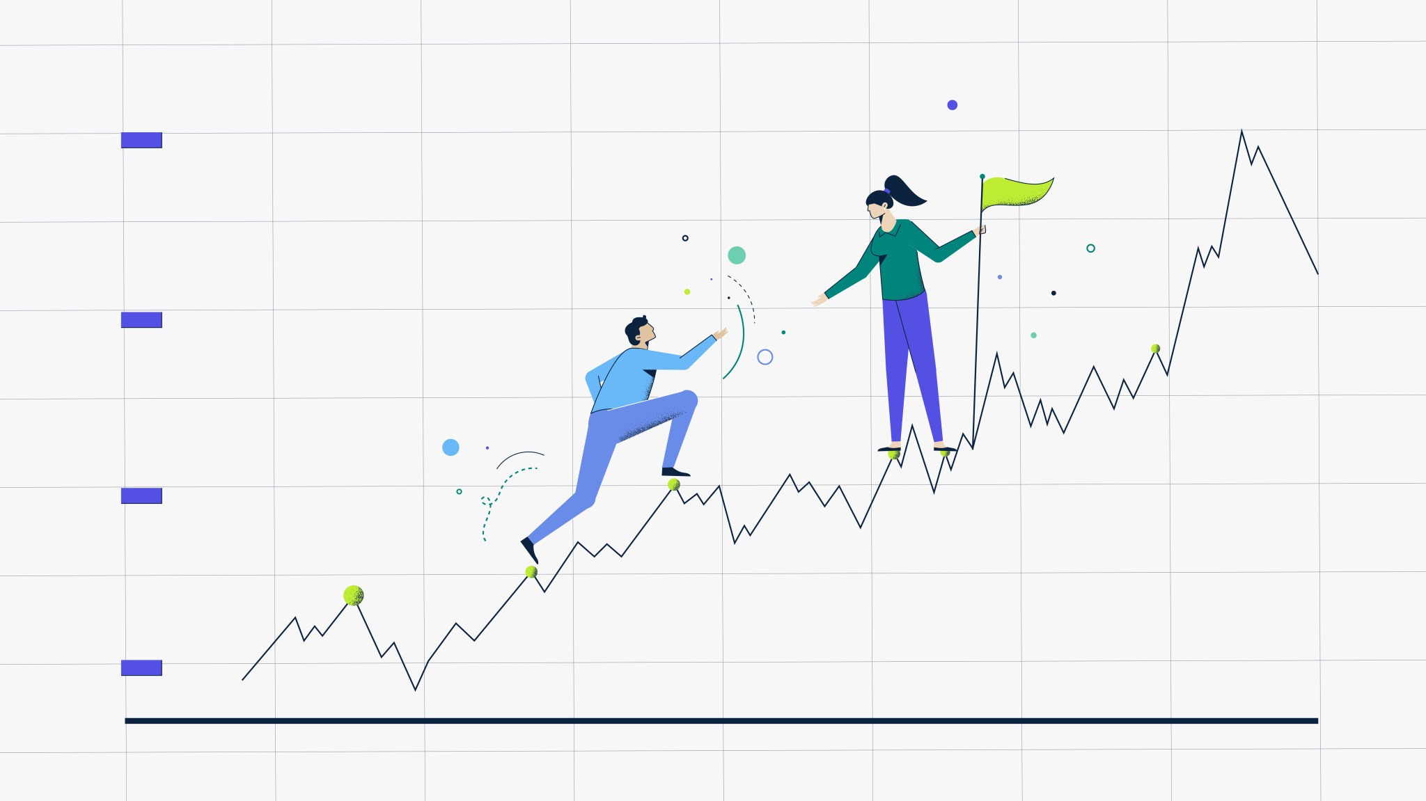 Dos personas subiendo una gráfica como si fuera una montaña.