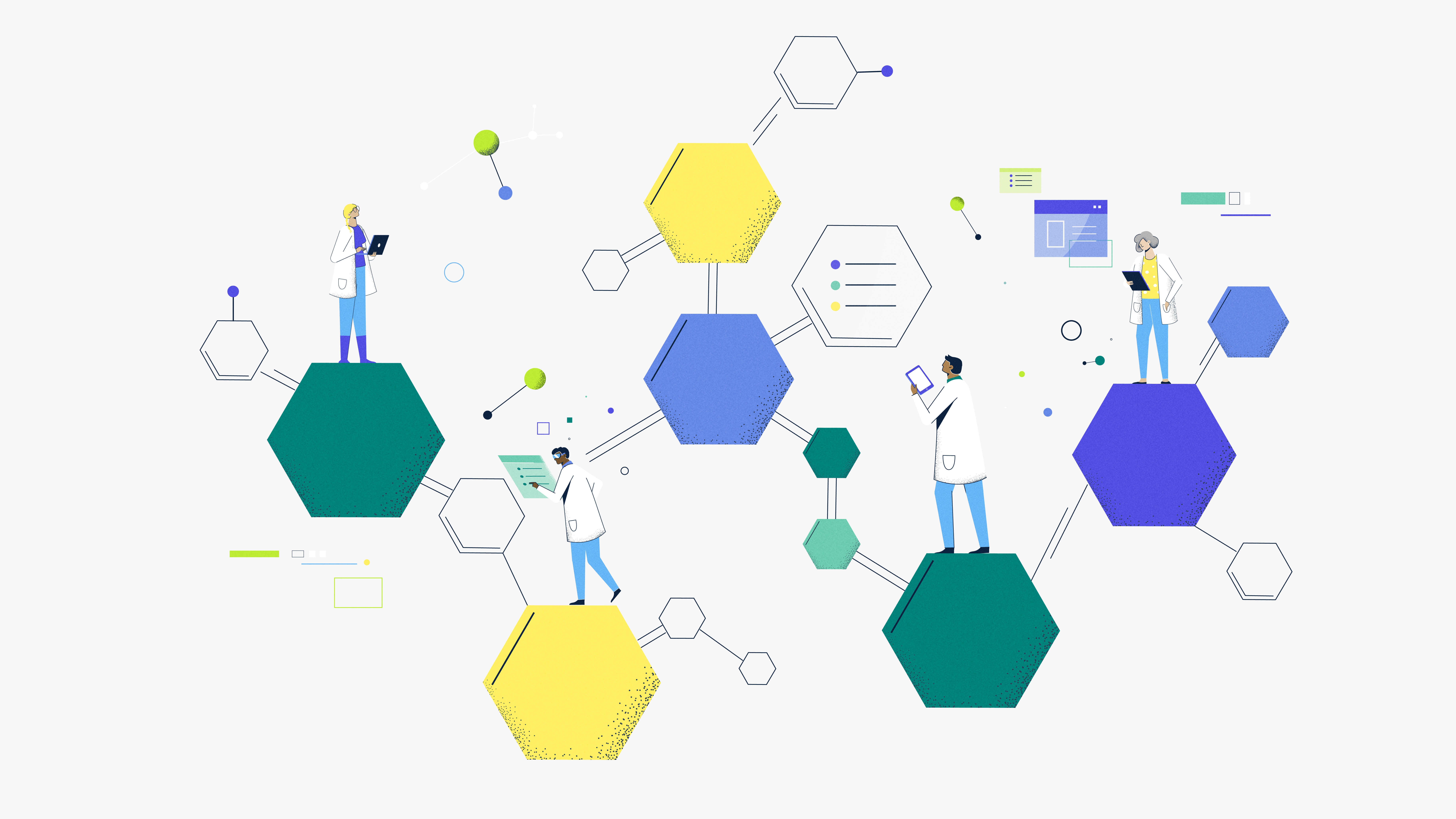 Iilustración de sanitarios recorriendo moléculas