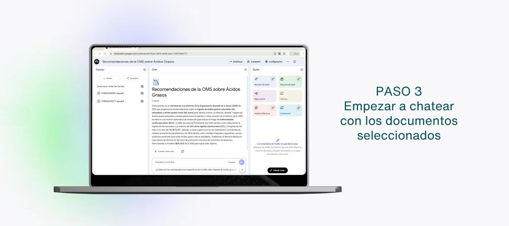 Imagen del paso 1 de la aplicación de Notebook "Empezar a chatear con los documentos seleccionados".