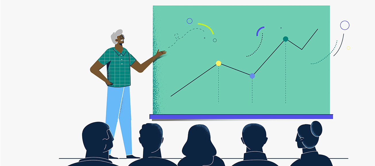 Ilustración con un doctor mostrando una presentación.