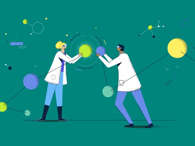 Ilustración especialidades con dos médicos portal unas moléculas.