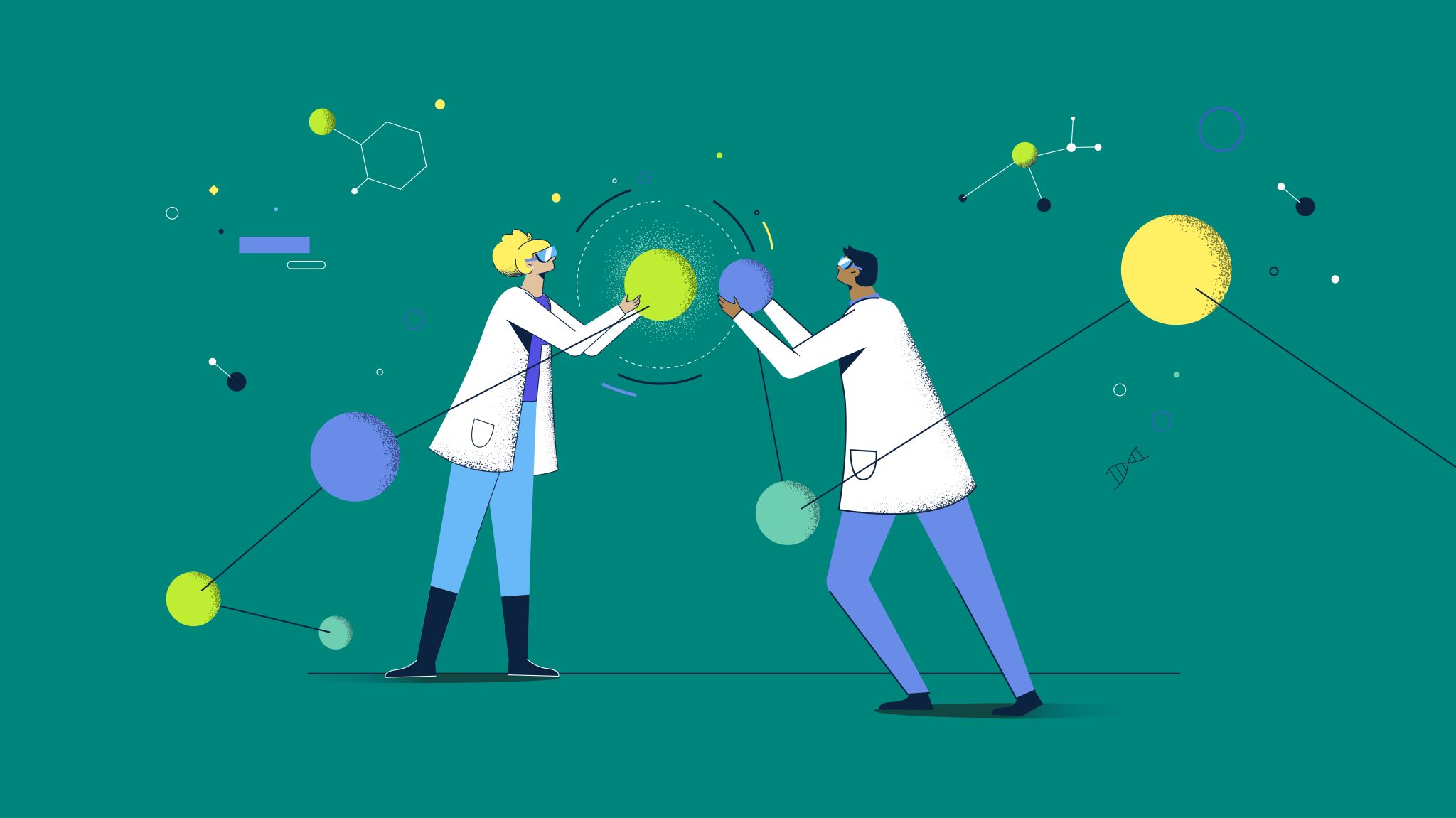 Ilustración especialidades con dos médicos portal unas moléculas.