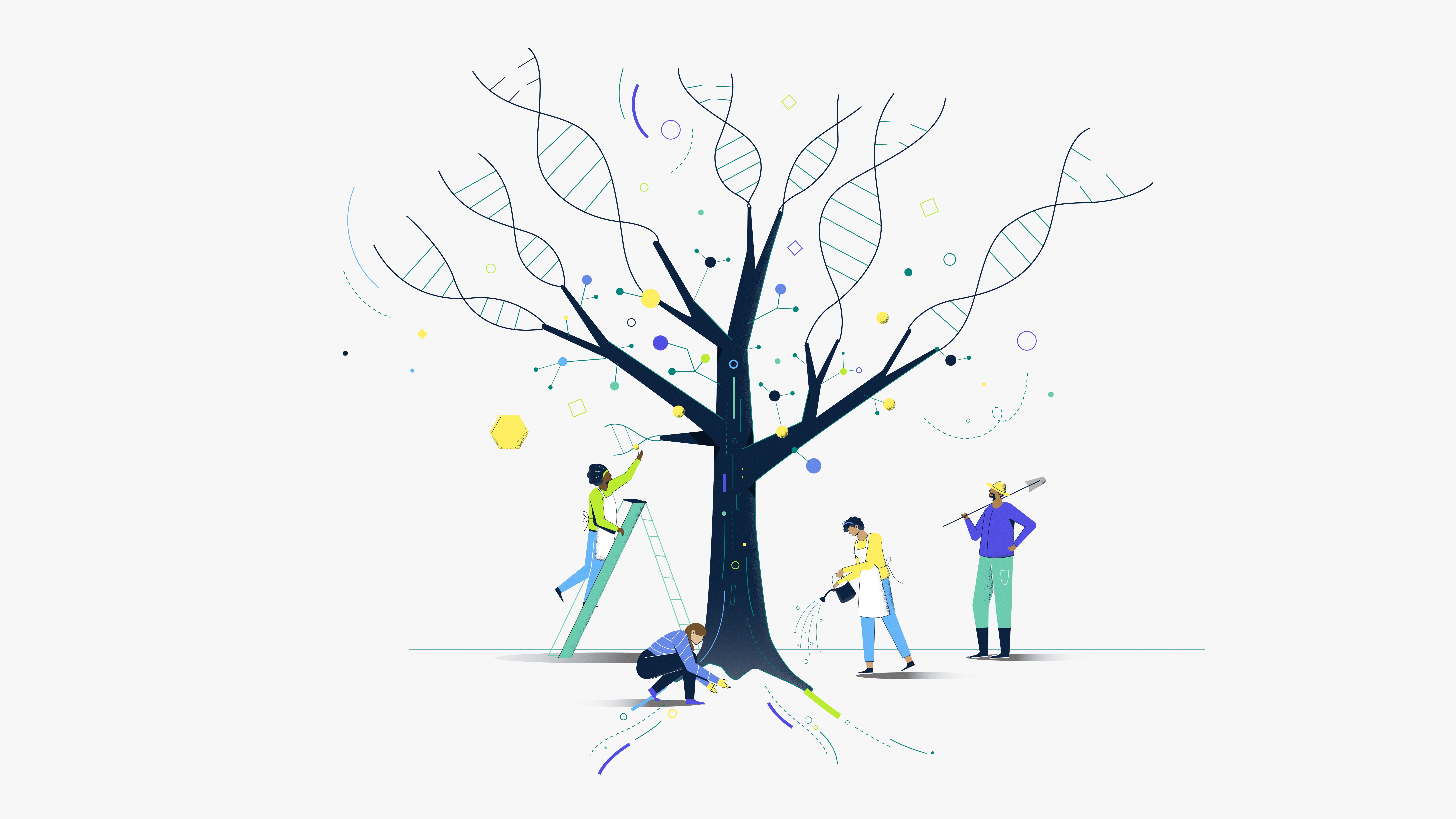 ilustracion de varios sanitarios alrededor de un árbol formado por cadenas de ADN.