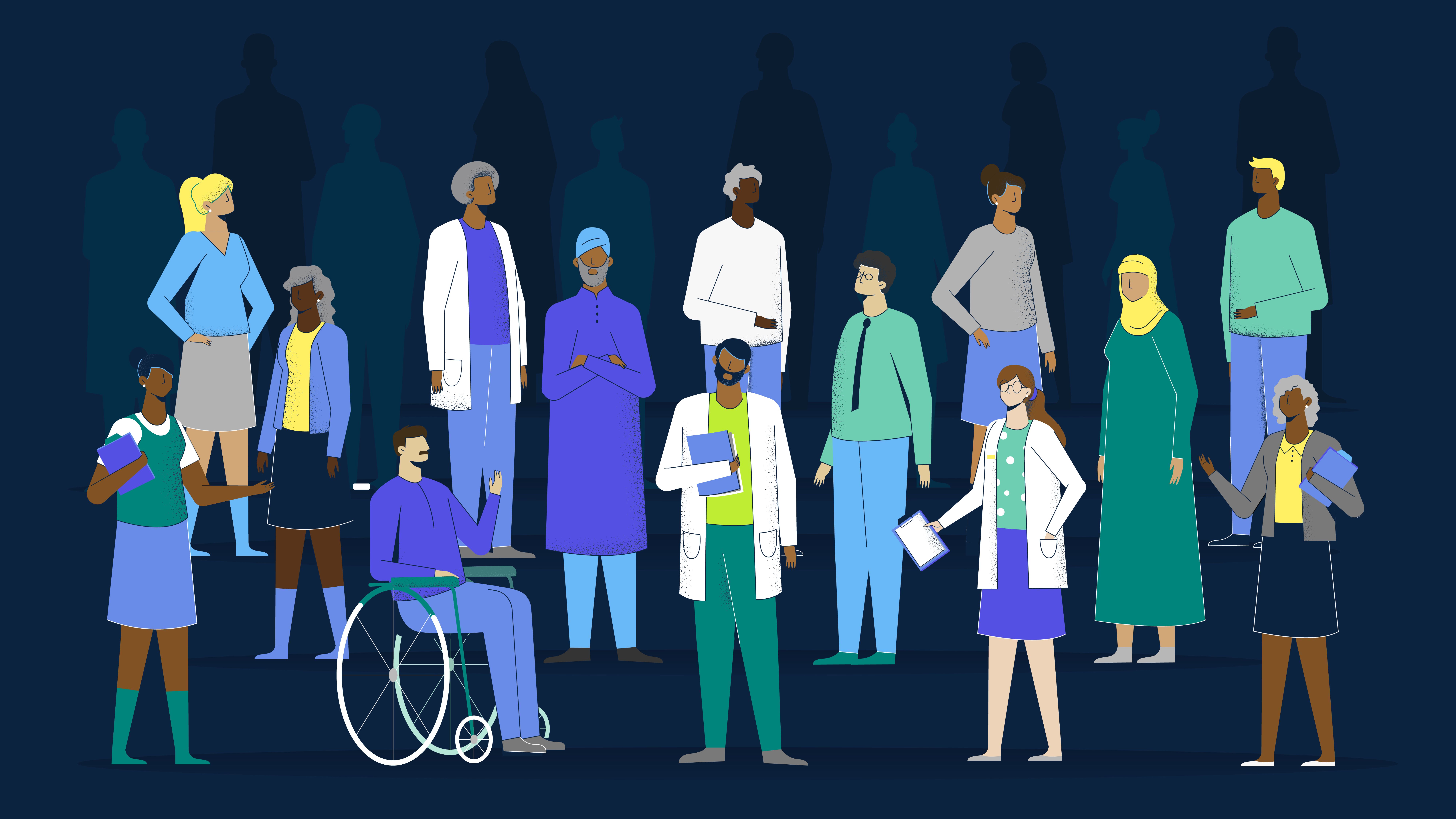 Ilustración médicos y enfermeros de diferentes partes del mundo.