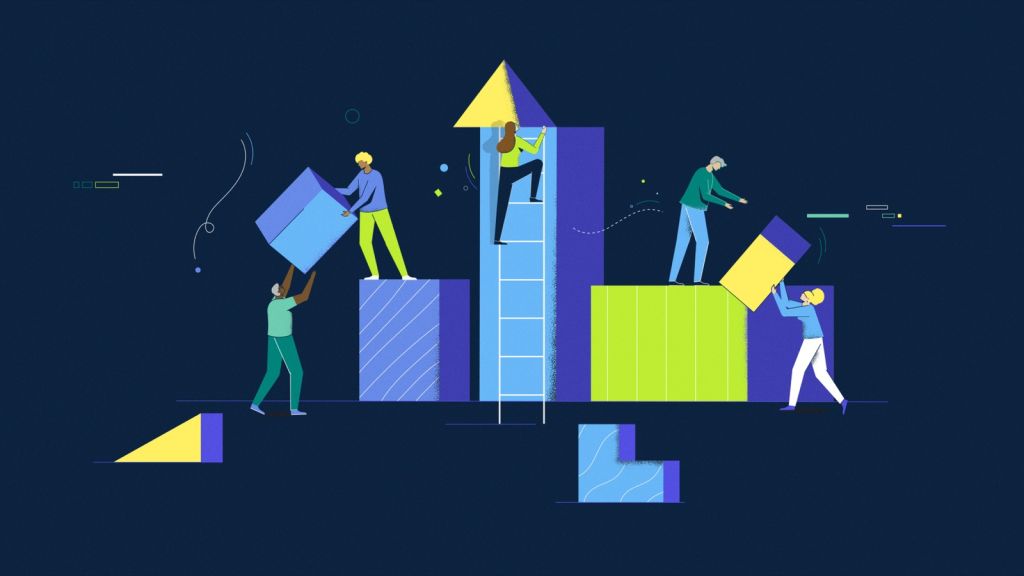 Ilustración de profesionales sanitarios construyendo juntos una estructura.
